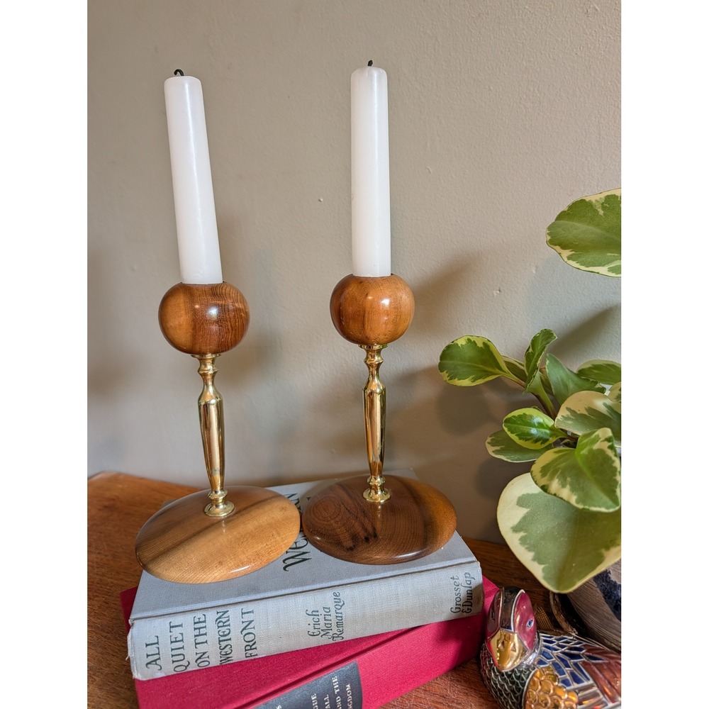 Vintage Myrtlewood Candlestick Holders Set Oregon Hand Turned Wood MCM 6 Inch‎